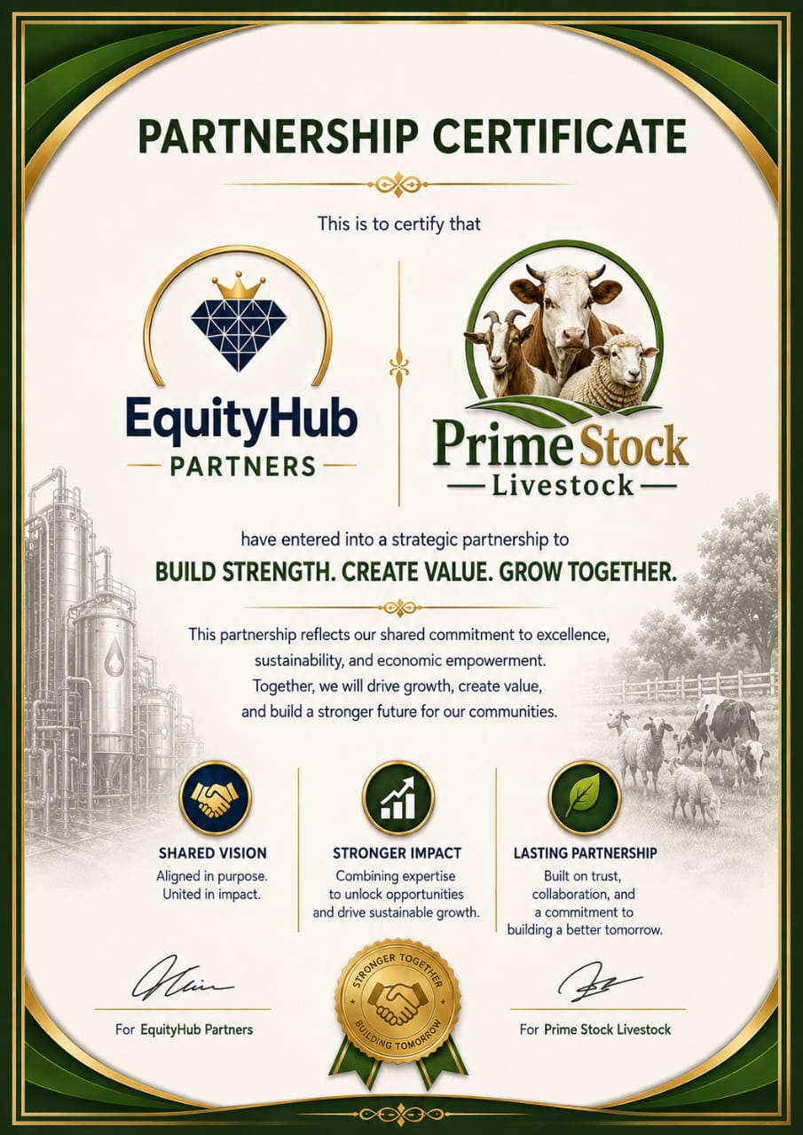 Partnership Certificate between EquityHub Partners and Prime Stock Livestock